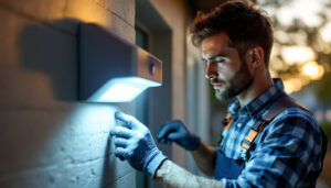 A photograph of a professional lighting contractor installing a sleek led motion sensor light in an outdoor setting