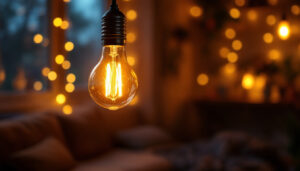 A photograph of a beautifully styled vintage led bulb illuminated in a cozy