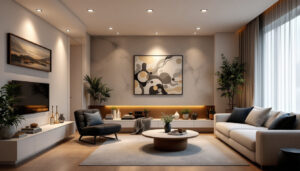 A photograph of a beautifully designed room featuring recessed canister ceiling lights in various settings