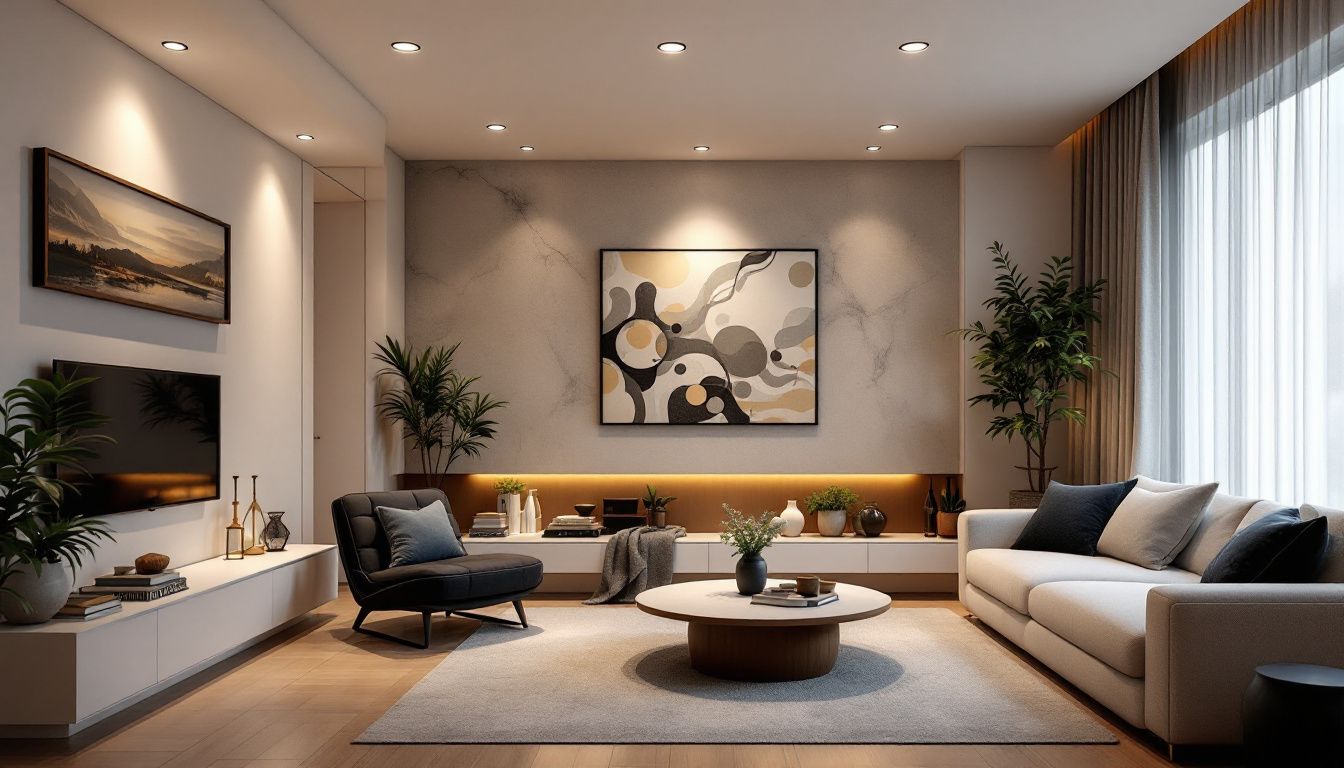A photograph of a beautifully designed room featuring recessed canister ceiling lights in various settings