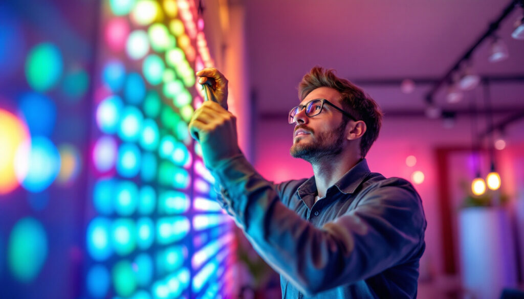 A photograph of a skilled lighting contractor expertly installing or adjusting vibrant rgb led lights in a modern space
