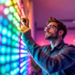 A photograph of a skilled lighting contractor expertly installing or adjusting vibrant rgb led lights in a modern space