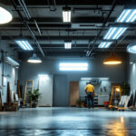 A photograph of a well-lit garage showcasing various types of energy-efficient lighting fixtures in use