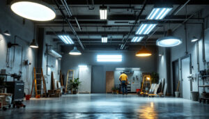 A photograph of a well-lit garage showcasing various types of energy-efficient lighting fixtures in use