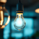 A photograph of a close-up of a glowing fluorescent light bulb in a modern setting