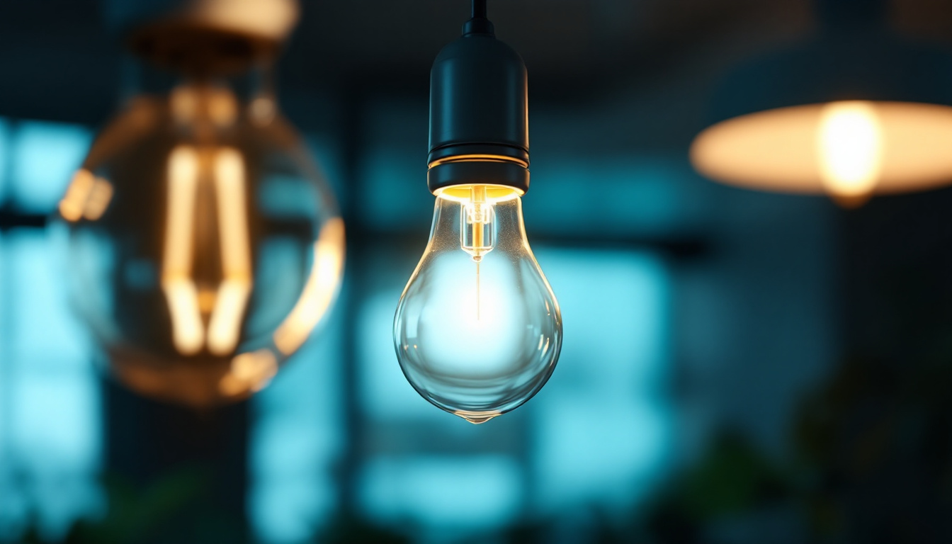 A photograph of a close-up of a glowing fluorescent light bulb in a modern setting