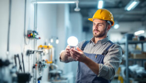 A photograph of a lighting contractor examining a modern fluorescent light bulb in a well-lit workspace