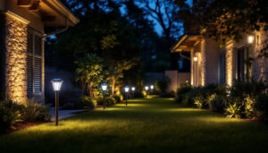 A photograph of a well-lit outdoor space showcasing various styles of solar outdoor lights in use