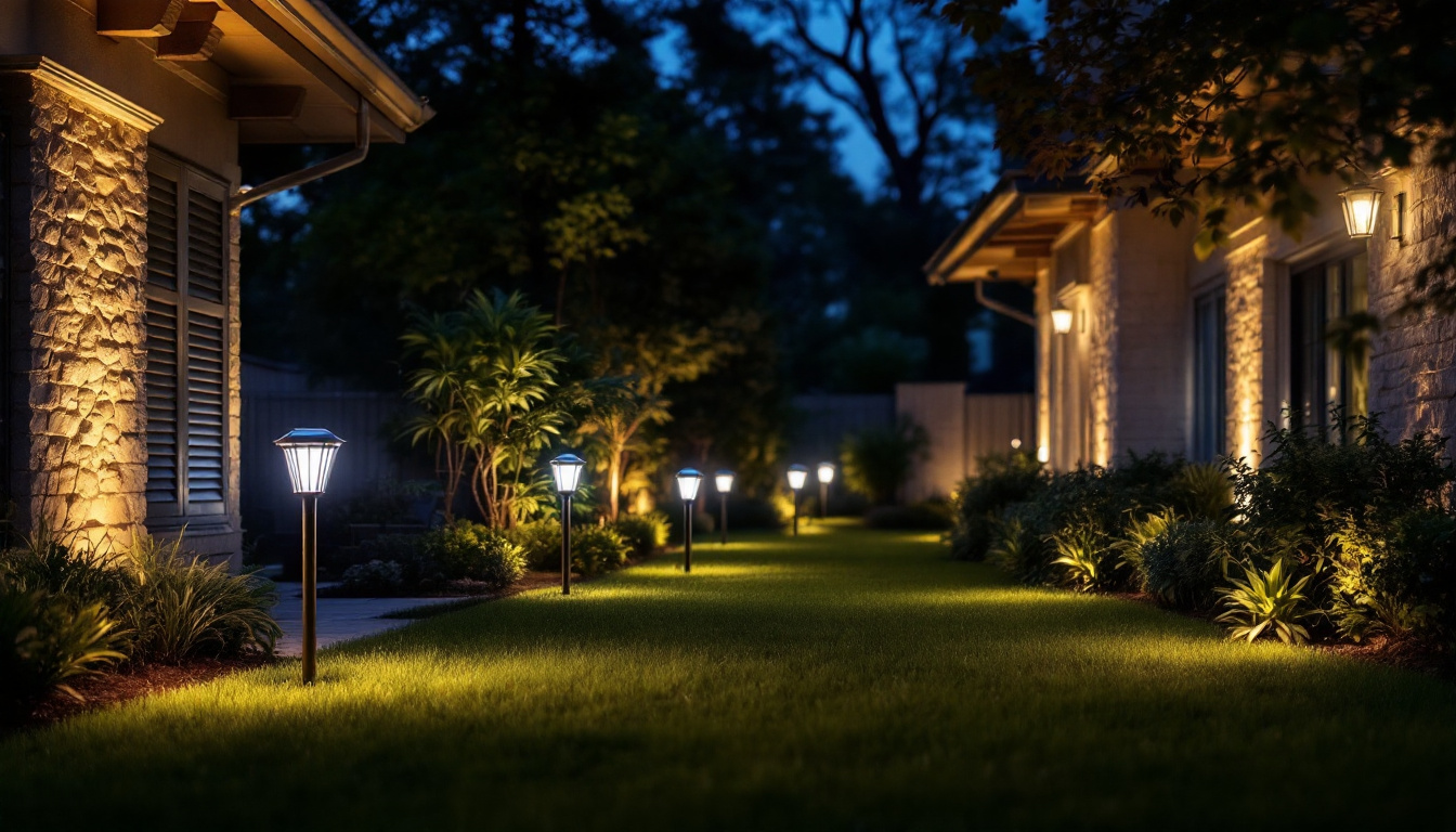 A photograph of a well-lit outdoor space showcasing various styles of solar outdoor lights in use