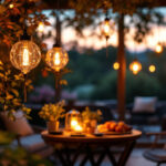 A photograph of a beautifully arranged outdoor setting featuring solar-powered hanging lanterns illuminated at dusk