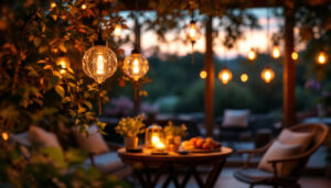 A photograph of a beautifully arranged outdoor setting featuring solar-powered hanging lanterns illuminated at dusk