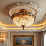 A photograph of a luxurious ceiling light fixture in an elegantly designed room