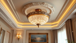 A photograph of a luxurious ceiling light fixture in an elegantly designed room