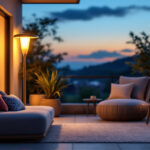 A photograph of a beautifully designed solar led lamp illuminating a cozy outdoor space at dusk