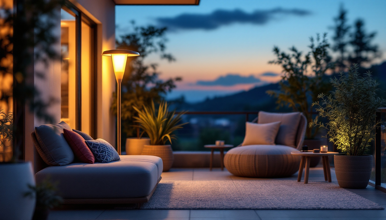 A photograph of a beautifully designed solar led lamp illuminating a cozy outdoor space at dusk