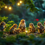 A photograph of a vibrant outdoor scene featuring solar lights illuminating a playful gathering of monkeys in a lush environment