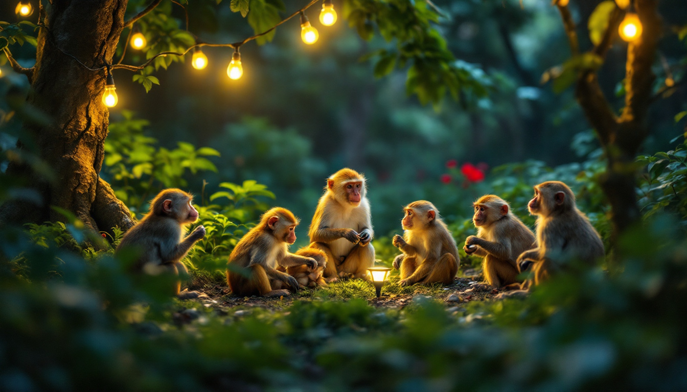A photograph of a vibrant outdoor scene featuring solar lights illuminating a playful gathering of monkeys in a lush environment