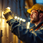 A photograph of a lighting contractor installing led flood bulbs in an outdoor setting