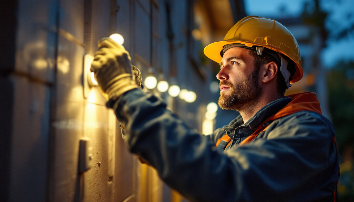 A photograph of a lighting contractor installing led flood bulbs in an outdoor setting