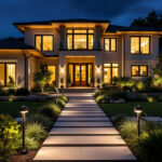 A photograph of a beautifully illuminated exterior of a modern house at dusk