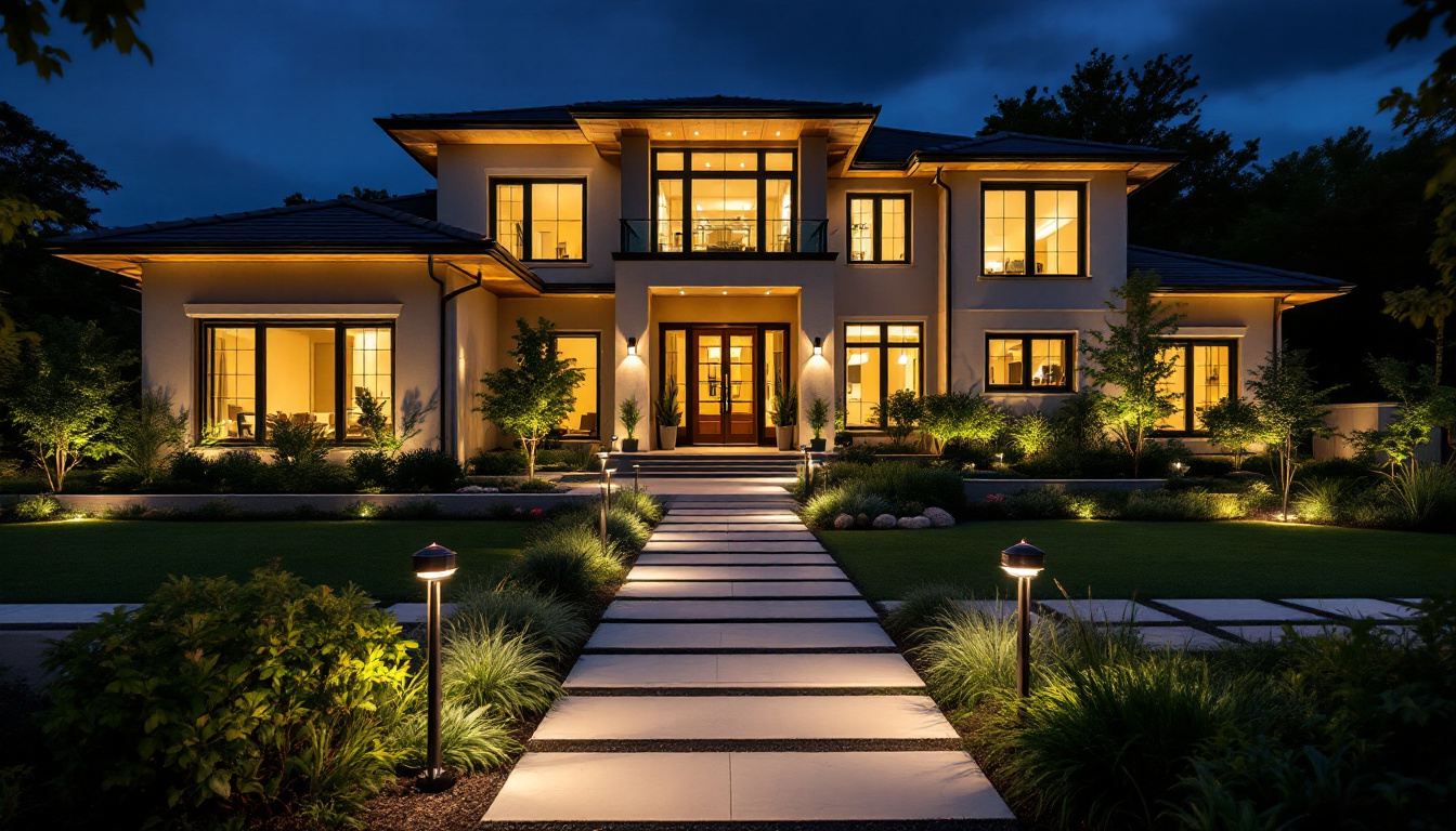 A photograph of a beautifully illuminated exterior of a modern house at dusk