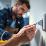 A photograph of a lighting contractor efficiently installing a 3-way switch in a residential setting