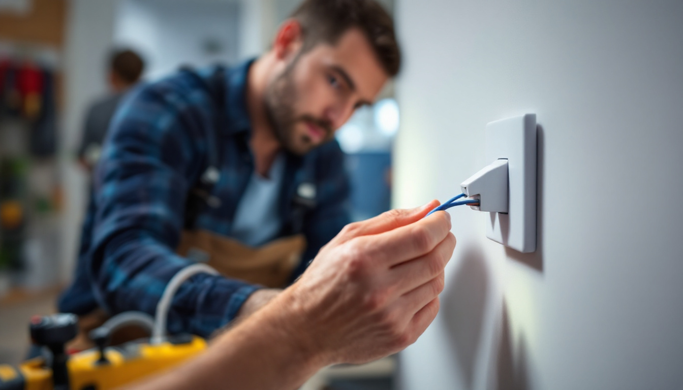 A photograph of a lighting contractor efficiently installing a 3-way switch in a residential setting