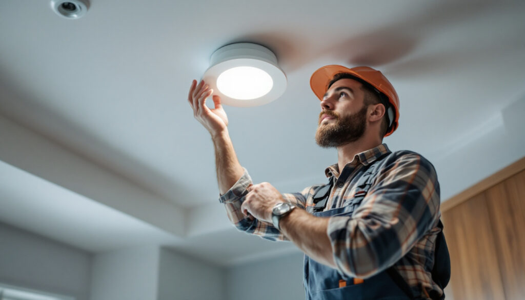 A photograph of a lighting contractor installing recessed can lights in a modern ceiling