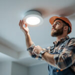 A photograph of a lighting contractor installing recessed can lights in a modern ceiling