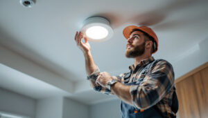 A photograph of a lighting contractor installing recessed can lights in a modern ceiling
