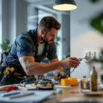 A photograph of a lighting contractor installing energy-efficient outlet plugs in a modern workspace