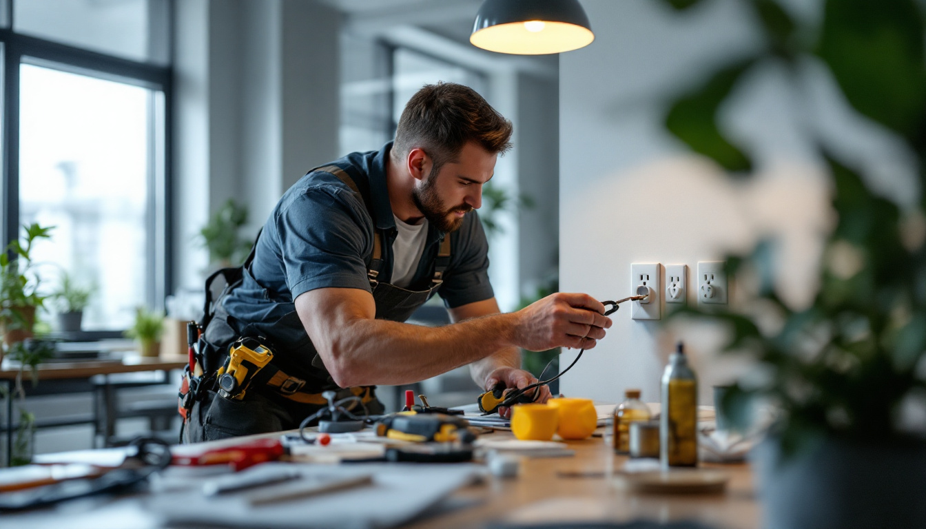 A photograph of a lighting contractor installing energy-efficient outlet plugs in a modern workspace