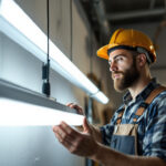 A photograph of a lighting contractor examining a modern t8 light fixture in a well-lit workspace