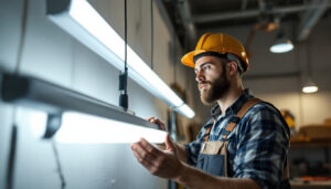 A photograph of a lighting contractor examining a modern t8 light fixture in a well-lit workspace