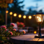 A photograph of a well-lit dollar tree solar lamp in a serene outdoor setting during dusk