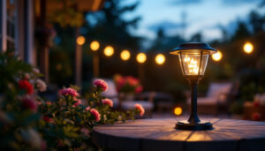 A photograph of a well-lit dollar tree solar lamp in a serene outdoor setting during dusk