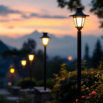 A photograph of a beautifully illuminated lamp post adorned with modern solar lights in a picturesque outdoor setting