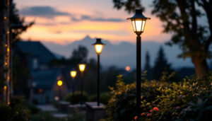 A photograph of a beautifully illuminated lamp post adorned with modern solar lights in a picturesque outdoor setting