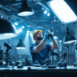 A photograph of a skilled lighting contractor working with various industrial light fixtures in a well-lit workshop or installation site