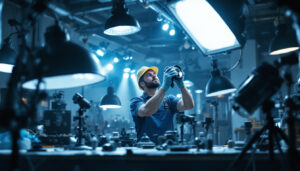 A photograph of a skilled lighting contractor working with various industrial light fixtures in a well-lit workshop or installation site