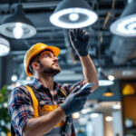 A photograph of a lighting contractor inspecting and installing various commercial lighting fixtures in a modern office space