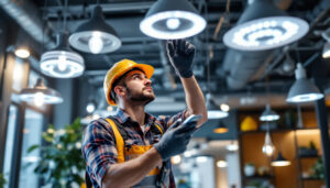A photograph of a lighting contractor inspecting and installing various commercial lighting fixtures in a modern office space