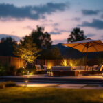 A photograph of a well-lit outdoor patio featuring stylish solar-powered lights in use during dusk