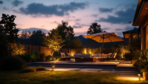 A photograph of a well-lit outdoor patio featuring stylish solar-powered lights in use during dusk