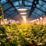 A photograph of a well-lit greenhouse showcasing various ip65-rated lighting fixtures in use