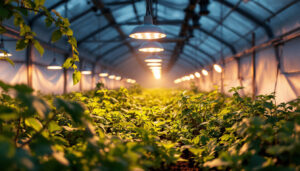 A photograph of a well-lit greenhouse showcasing various ip65-rated lighting fixtures in use