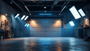 A photograph of a well-lit garage showcasing various led lighting setups