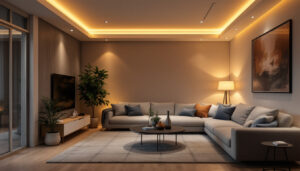A photograph of a modern living space featuring stylish led replacement pot lights in use