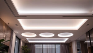 A photograph of a modern ceiling with sleek recessed led lights illuminating a stylish interior space