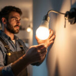 A photograph of a lighting contractor expertly installing led light bulbs in a modern residential setting